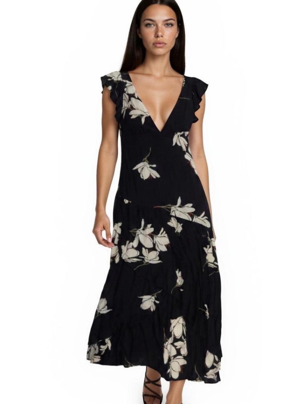 Free People Black Maxi Dress with Cream Floral Print women’s size 0/xxs